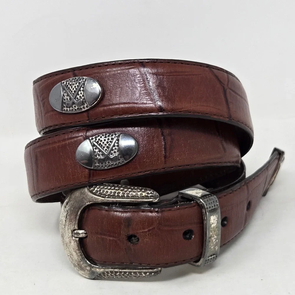 Mens Brown Croco Embossed Leather Golf Belt Silver Western Buckle Golf Clubs 38